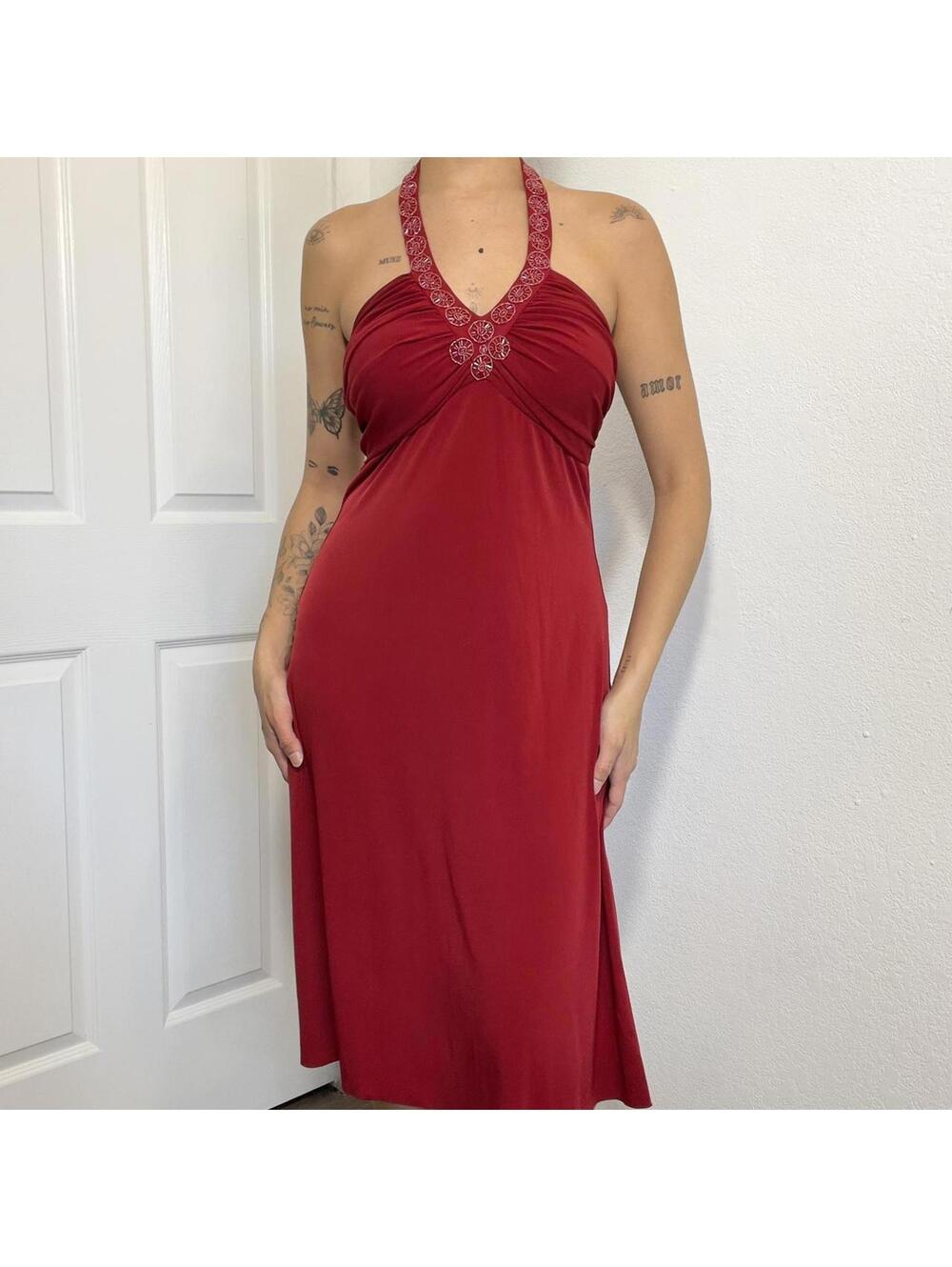 Red Halter Midi Dress